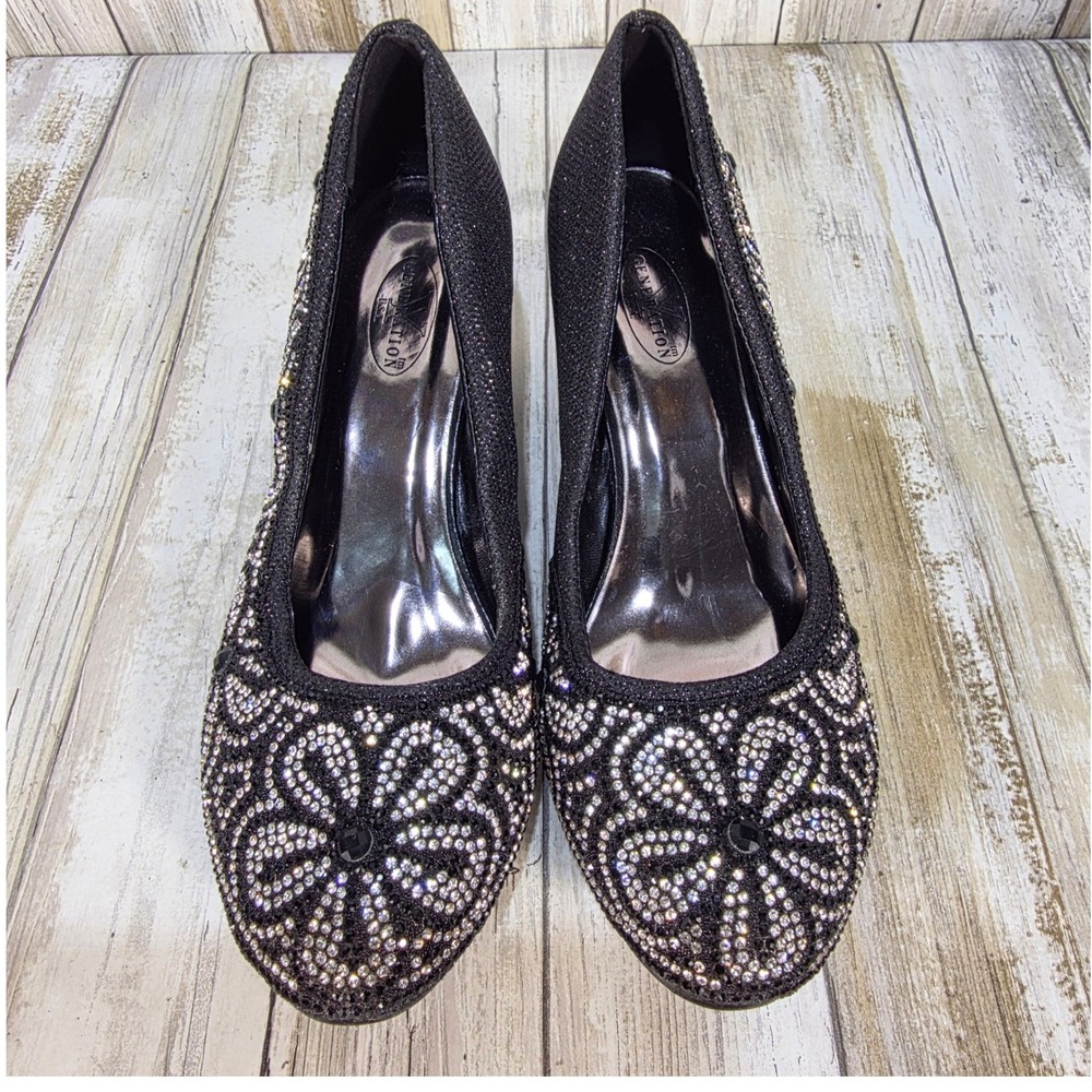 Generation Y USA Womens Black Glitter Rhinestone Floral Wedge Pumps Size 8